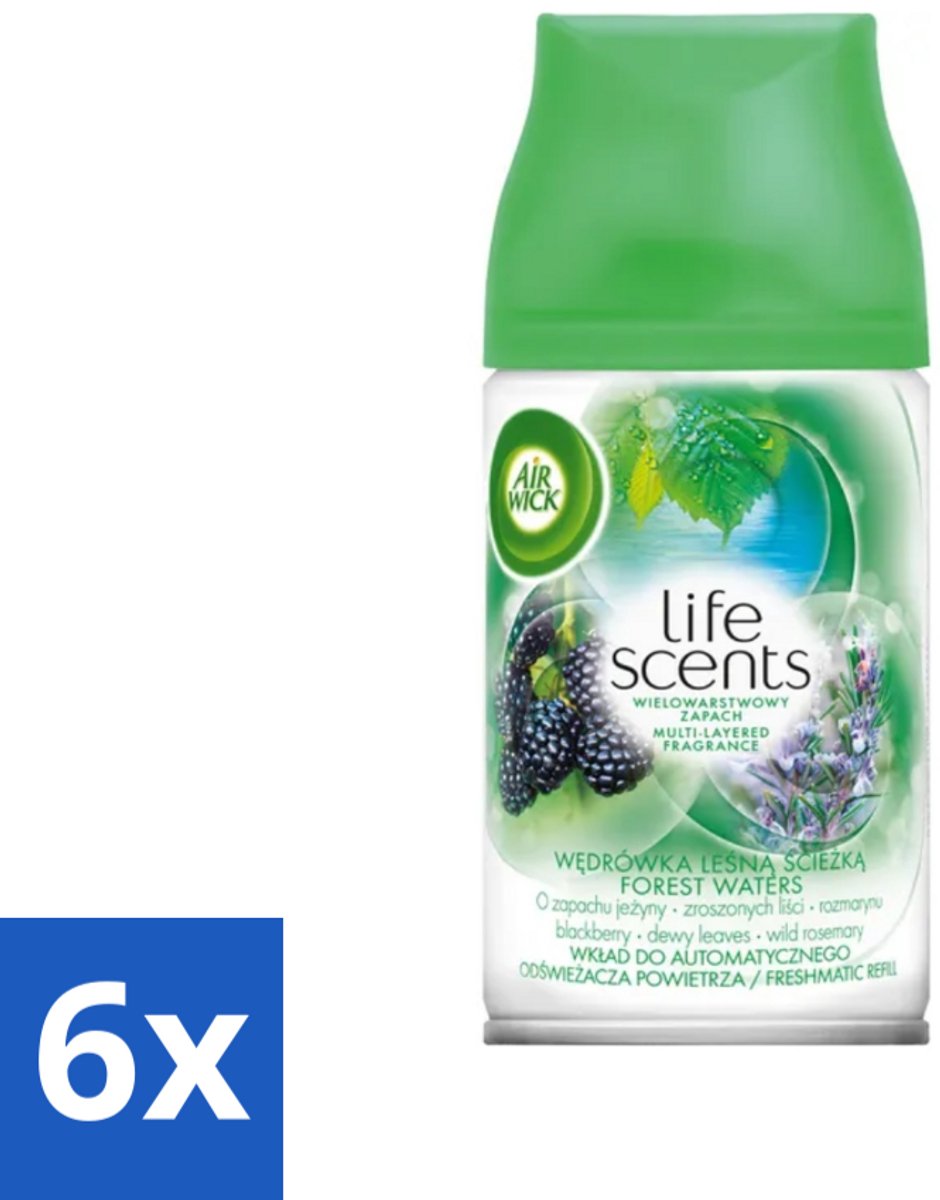 6 x Air Wick - Life Scents - Luchtverfrisser Navulling - Boswateren - Automatische Spray - 250 ml - Boswateren - Natuurlijke Geur - Geurverspreiding - Automatische Spray - Frisse Geur