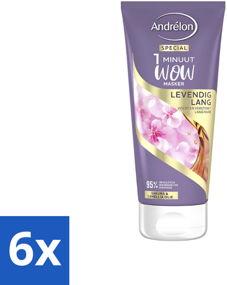 6 x Andrélon - 1 Minuut Wow Haarmasker - Levendig Lang - 180 ml - 1 Minuut Masker - Lang Haar Masker - Sakura En Camellia-olie - Haar Herstel - Haar Verzorging