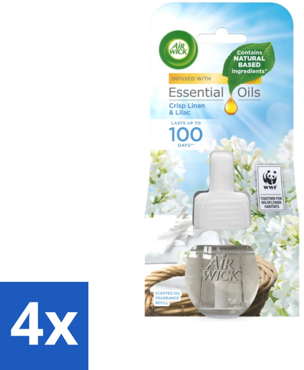 4 x Air Wick - Luchtverfrisser Navulling - Essentiële Oliën - Fris Linnen & Lilac - Elektrische Geurverspreider - 20 ml - Air Wick Geurverspreider - Essentiële Oliën Navulling - Fris Linnen Geur - Lila Geur - Elektrische Geurverspreider