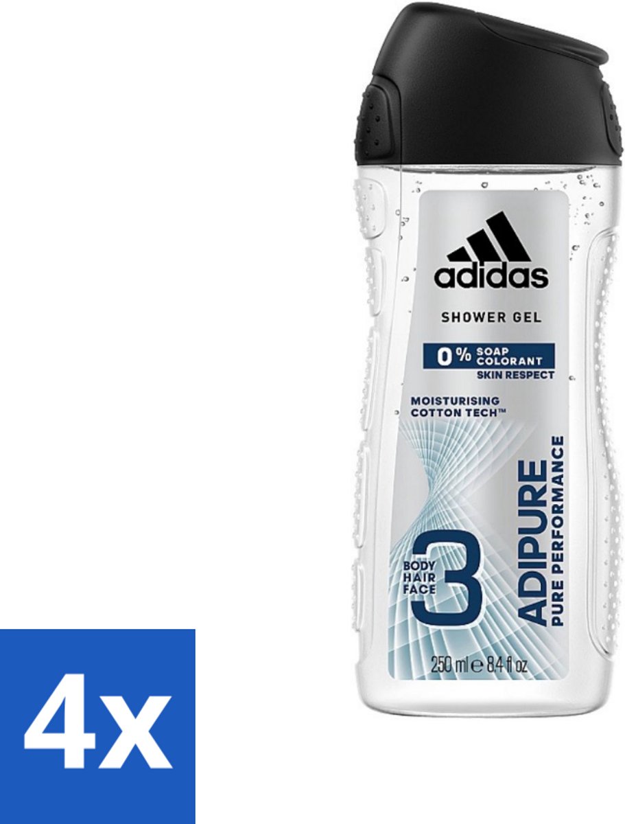 4 x Adidas - 3-in-1 Douchegel - Adipure Pure Performance - Huidvriendelijk - 0% Zeep Kleurstof - 250 ml - Adidas Adipure Douche & Shampoo - 0% Zeep - Huidvriendelijk - Lichaam En Haar Verzorging - Dermatologisch Getest