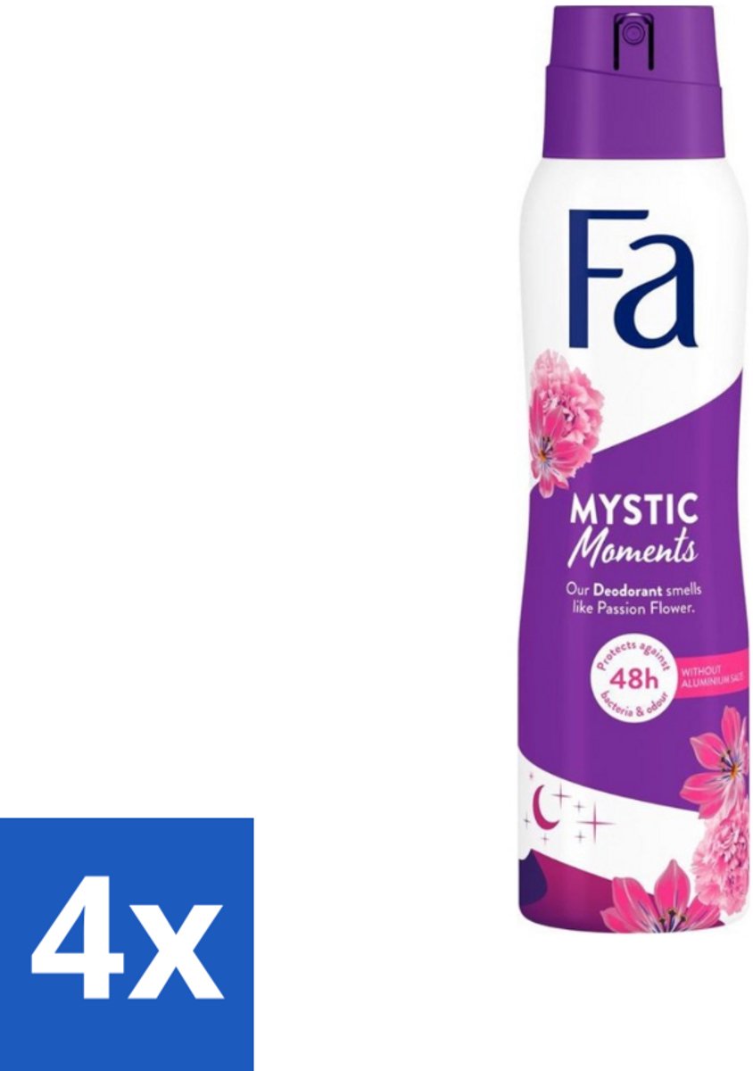 4 x Fa - Deodorant Spray - Mystic Moments - Passiebloem geur - 48 uur Bescherming - 150 ml - Deodorant Spray - Passiebloem Geur - 48 Uur Bescherming - Geurveroorzakende Bacteriën - Dermatologisch Getest