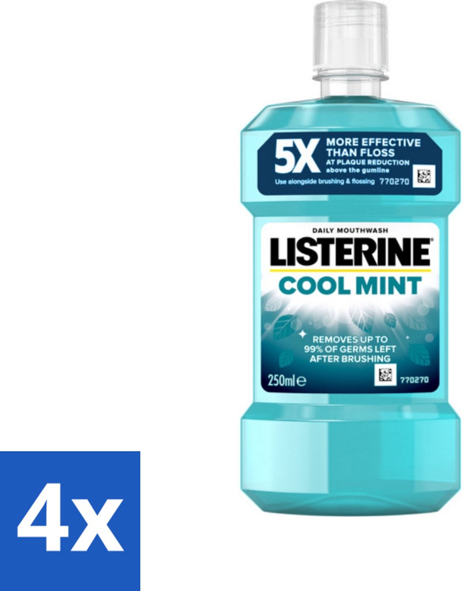 4 x Listerine - Mondwater - Cool Mint - 250 ml - Mondspoeling - Mondverzorging - Frisse Adem - Tandplak - Gezond Tandvlees