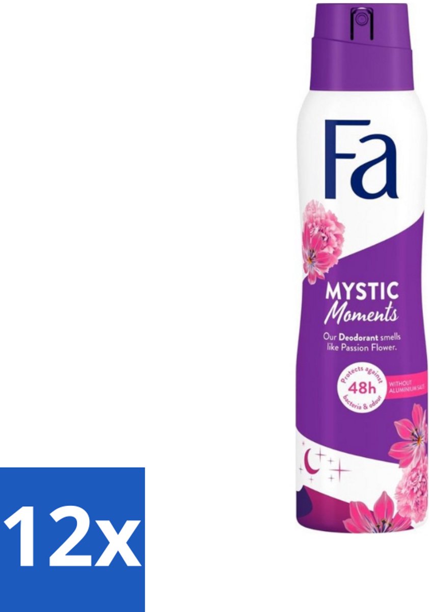 12 x Fa - Deodorant Spray - Mystic Moments - Passiebloem geur - 48 uur Bescherming - 150 ml - Deodorant Spray - Passiebloem Geur - 48 Uur Bescherming - Geurveroorzakende Bacteriën - Dermatologisch Getest