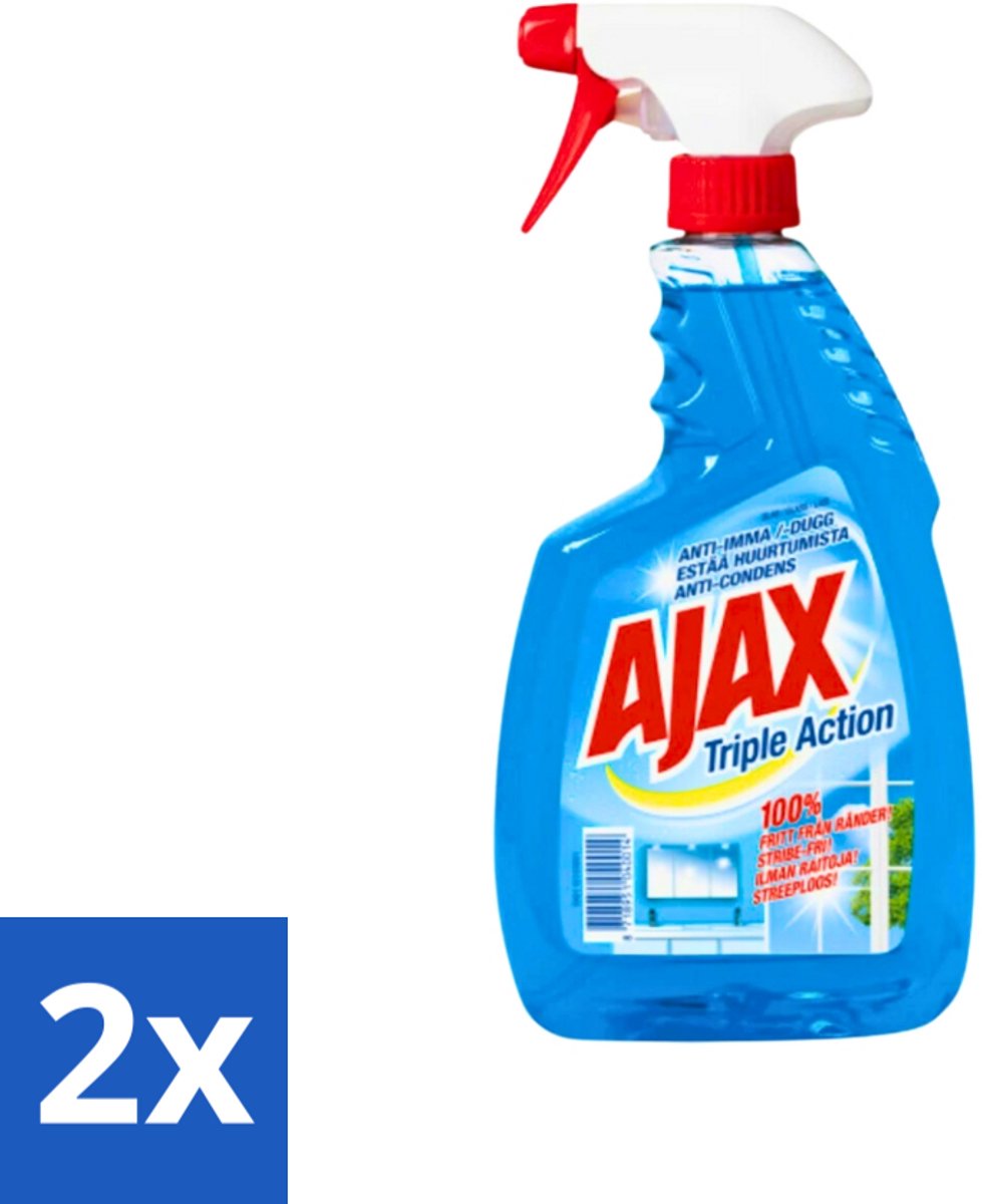 2 x Ajax - Glasreiniger Spray - Triple Action - Streeploos Schoon - Anti-Condens - 750 ml - Glas Reinigen - Ramen Reinigen - Glas Reiniger - Schrobben Vrij - Na Spoelen Vrij