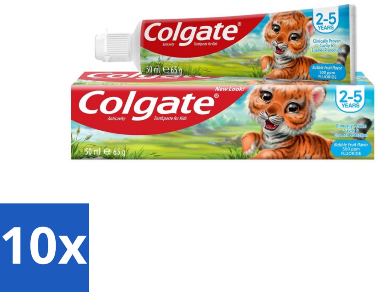 10 x Colgate - Bubble Fruit - Kindertandpasta - Voor 2 tot 5 jaar oud - 50ml - Kindertandpasta - Gaatjes Bestrijden - Melktanden Beschermen - Tandpasta Voor Kinderen - Bubble Fruit Smaak