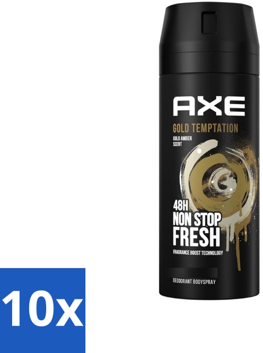 10 x Axe - Deodorant Bodyspray - 48hrs Non Stop Fresh - Gold Temptation - Gold Amber - 150 ml - Deodorant Bodyspray - Frisheid - Geur - Citrus - Kruiden