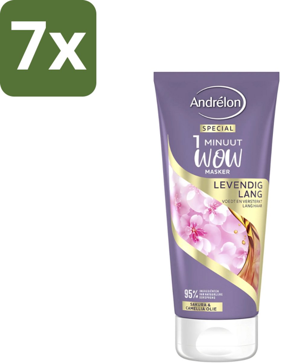 7 x Andrélon - 1 Minuut Wow Haarmasker - Levendig Lang - 180 ml - 1 Minuut Masker - Haarmasker Lang Haar - Sakura En Camellia-olie - Haarmasker Voor Lang Haar - Haarmasker 1 Minuut