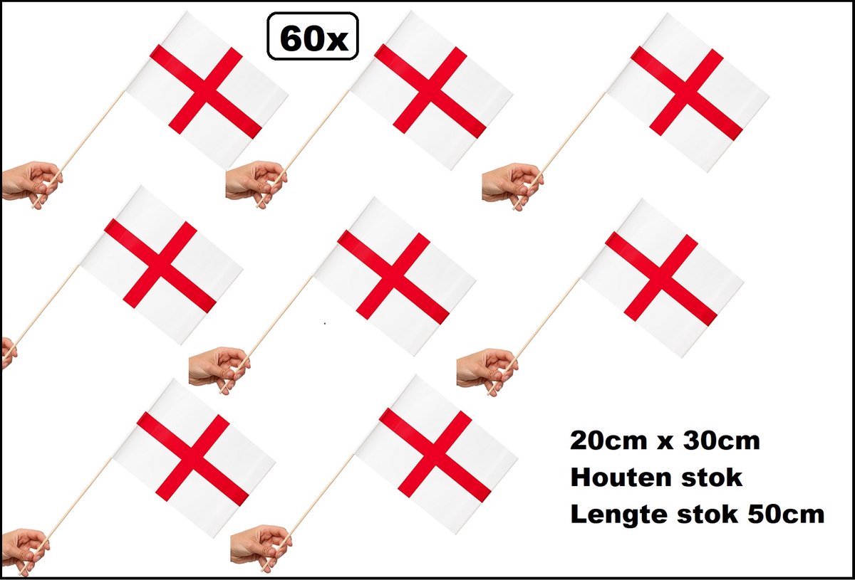 60 stuks Luxe Zwaaivlaggetjes op stok Engeland 20cm x 30cm - lengte stok 50cm - Zwaai vlaggetjes EK WK thema feest voetbal festival uitdeel