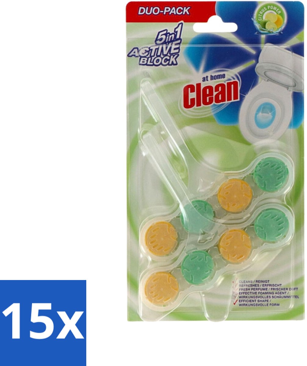 15 x At Home - Clean - Toiletblok - 5in1 Active - Citrus Power - Neutraliseert & Reinigt - 2 Blokken - Toiletblok Citrus - Toilet Reinigen - Toilet Reinigingsmiddel - Toilet Schuim - Toilet Fris