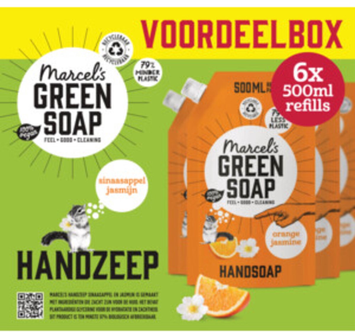 Marcel's Green Soap Handzeep Navulling Voordeelbox Sinaasappel & Jasmijn 6 x 500 ml