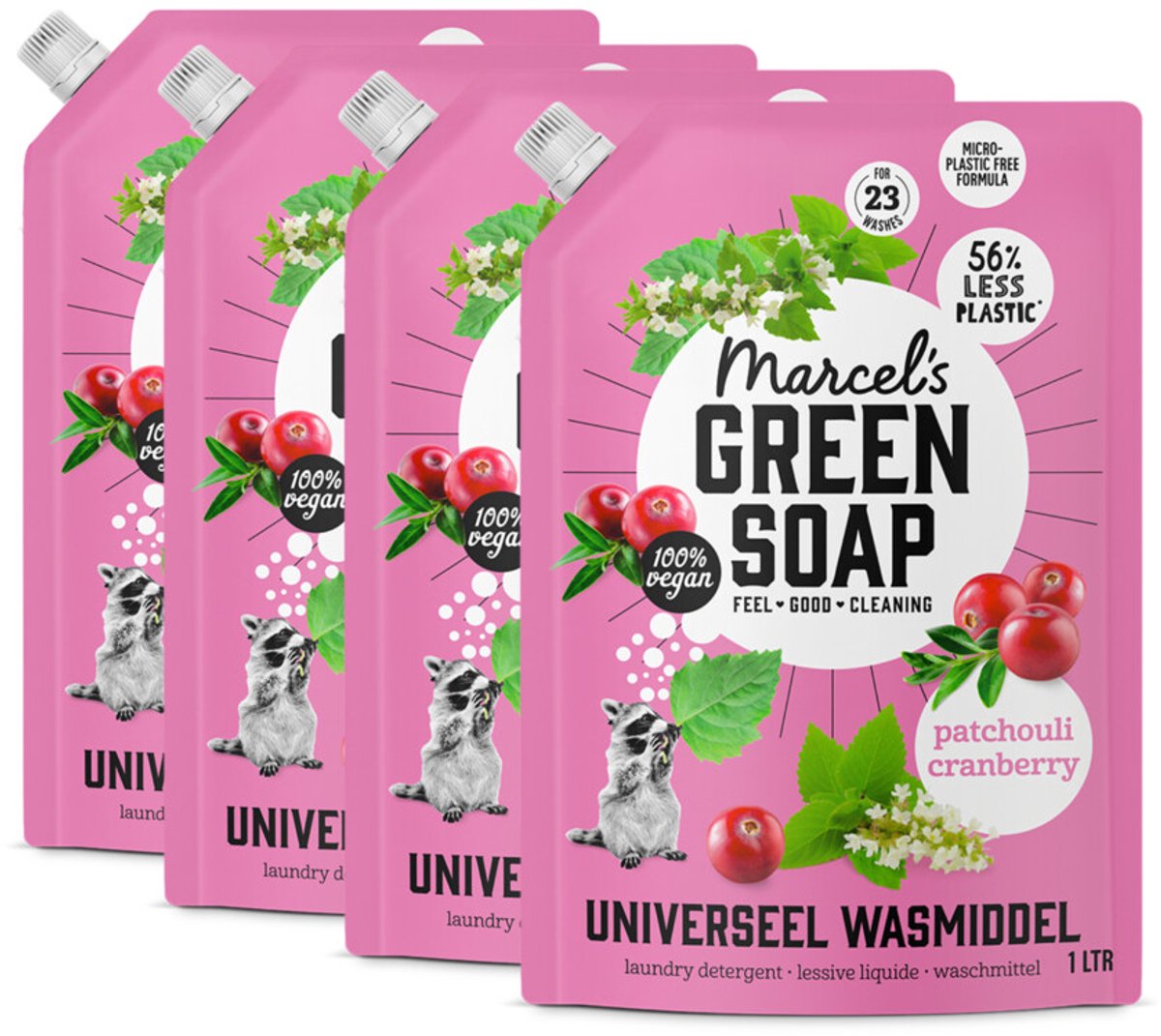 Marcel's Green Soap Wasmiddel Navulling Voordeelbox Universeel Patchouli & Cranberry - 4 x 1000 ml