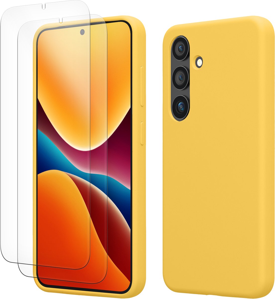 kwmobile hoes met 2x screenprotectors voor Samsung Galaxy S24 – screenprotector van gehard glas – draadloos opladen – stralend geel