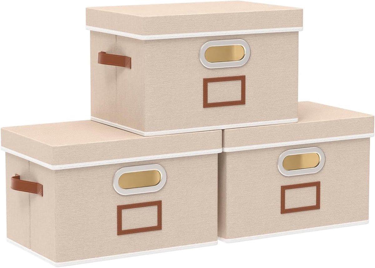 Opbergdozen met deksel, Vouwbare stoffen organizers, Decoratieve manden voor planken, 26×20×17cm, Beige, Set van 3