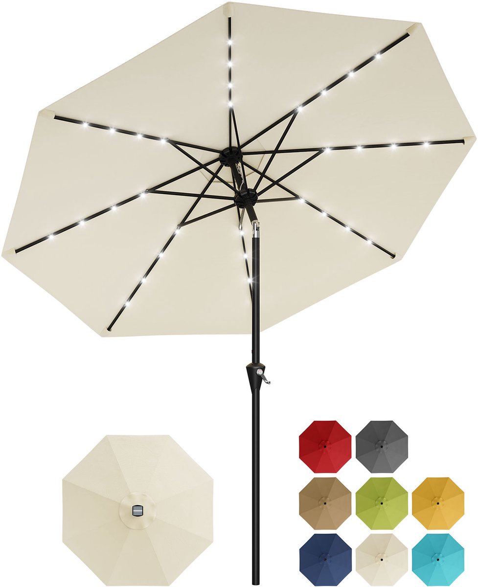 Parasol met Solar LED-Verlichting - 270x270x236cm - Tuinparasol Zonder Voet - Grote Tafelparasol - Kantelbaar met Drukknop - 8 Stevige Ribben - Voor Tuin Terras Zwembad - Beige