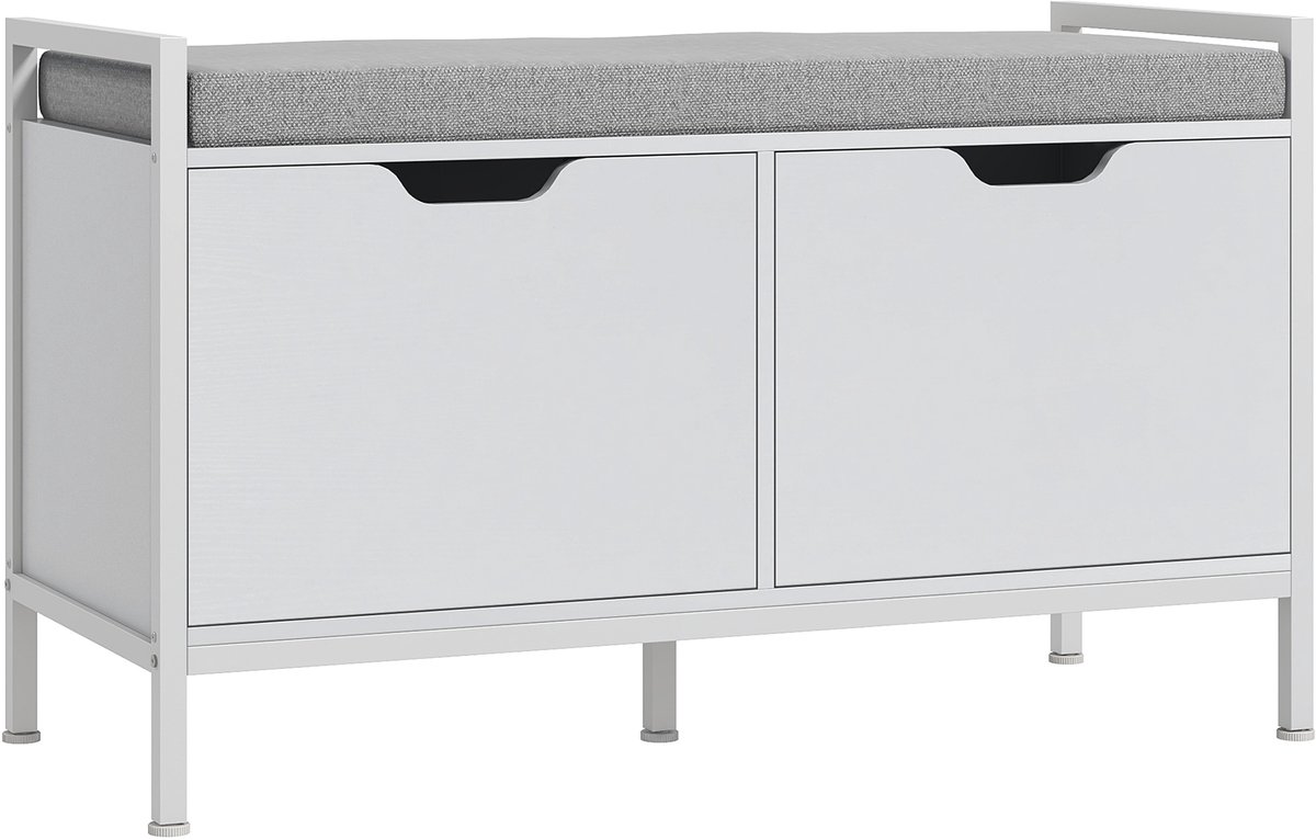 Schoenenbank, schoenenkast, 2 kasten, halmeubel met gevoerd kussen, voor hal, entree, slaapkamer, 84 b x 35 d x 50 h cm, wit
