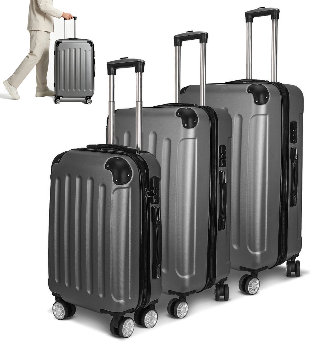 3 stuks - ABS Reiskofferset - Reiskofferset - Koffer - Harde koffers - Donkergrijs Harde Koffers met Stille 360° Wielen Cijferslot & Uitschuifbare Telescoopgreep - Handbagage & Incheckkoffer voor Vakantie en Zakenreis