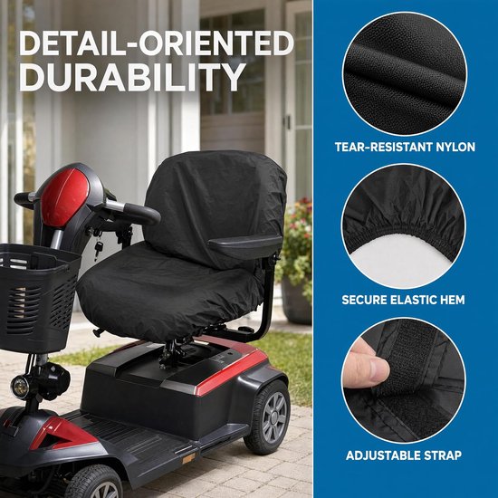 Zwarte, duurzame scootmobielhoes, met details van scheurvast nylon, elastische zoom en verstelbare band.