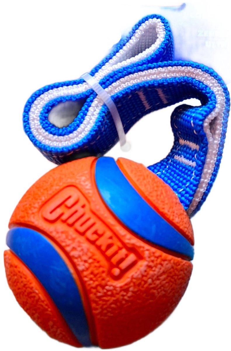 Chuckit - Bal met trek lijntje - Speelgoed voor dieren - medium - 7 cm - Oranje met blauw - Honden bal - Speelbal hond - Speelgoed hond - Tugger - Trekspeeltje