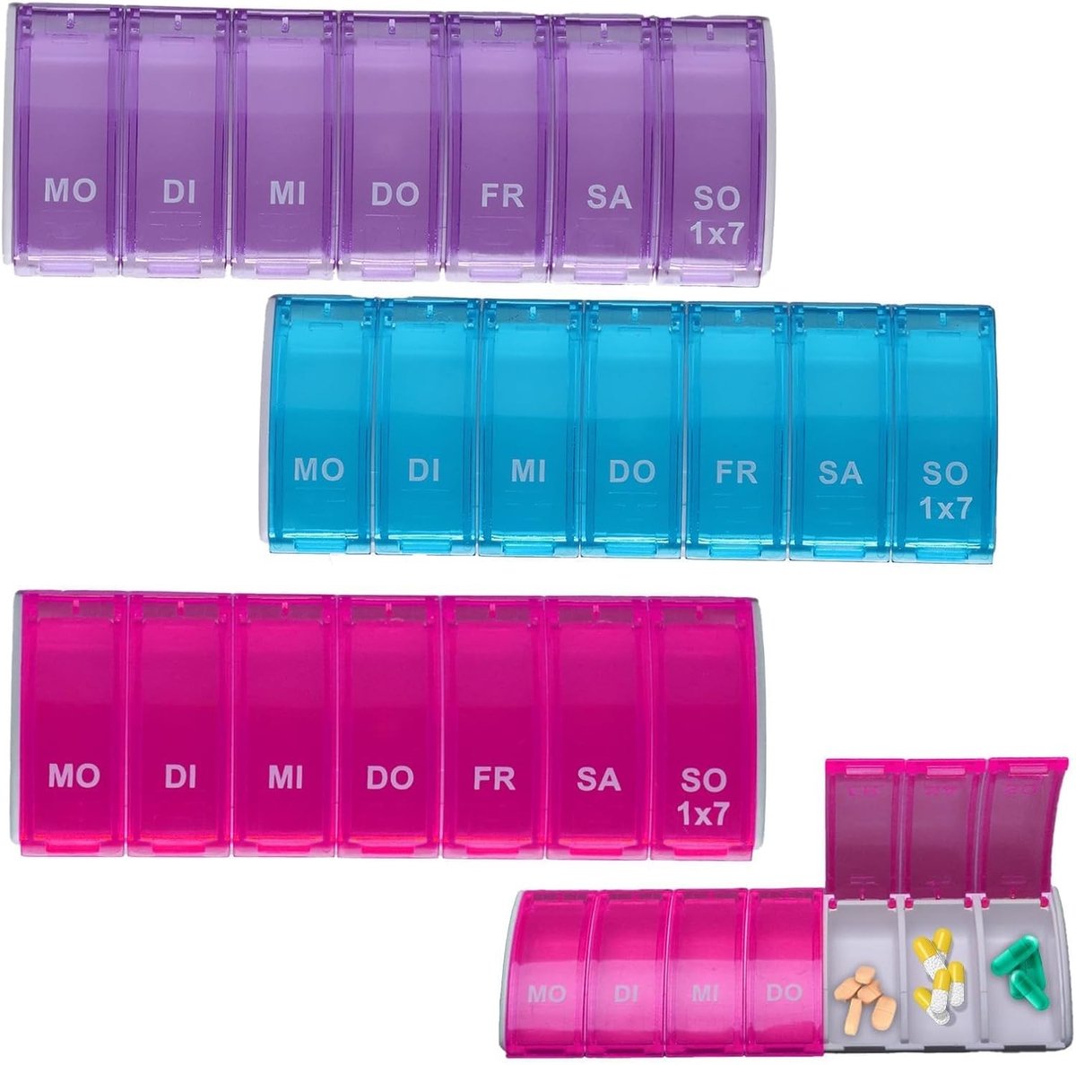 Pillendoos voor 7 Dagen, Herbruikbare Medicijnopslag, Compacte Reizigersoplossing voor Tabletten in Blauw, Paars en Rood