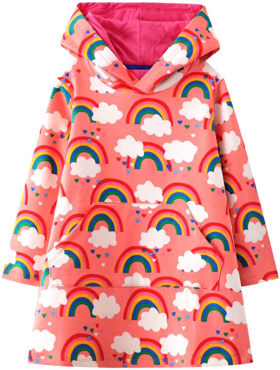 Meisjes Hoodie Jurk met Capuchon - Katoenen Tuniek met Strepen en Dierenprint voor 2-7 Jaar
