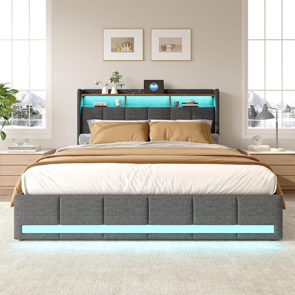 Tweepersoonsbed - Gestoffeerd bed - Moderne slaapkamer - Met opbergruimte - 140x200 cm - Grijs