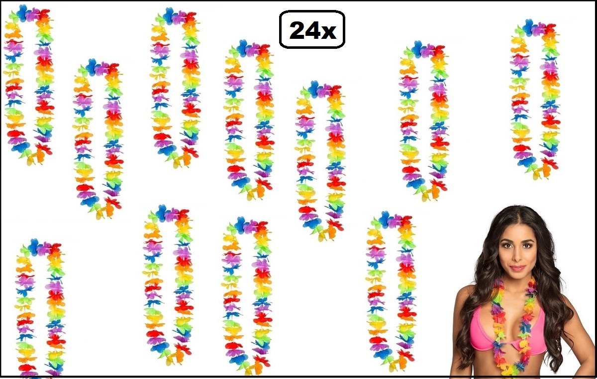 24 stuks Hawai bloemen krans regenboog - Rainbow hawai krans hawaii slinger tropical thema feest festival