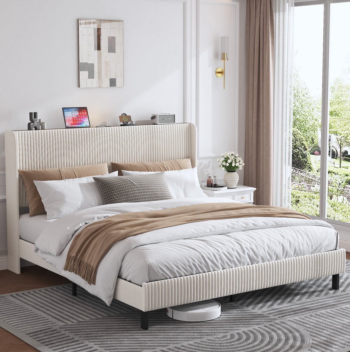 Wishdor Bedframe 180x200 cm - Gestoffeerd platformbed - Metalen lattenbodem en 9 poten - Kanaalhoofdbord - Slaapkamer voor volwassenen - Stof en metaal - Beige en crème