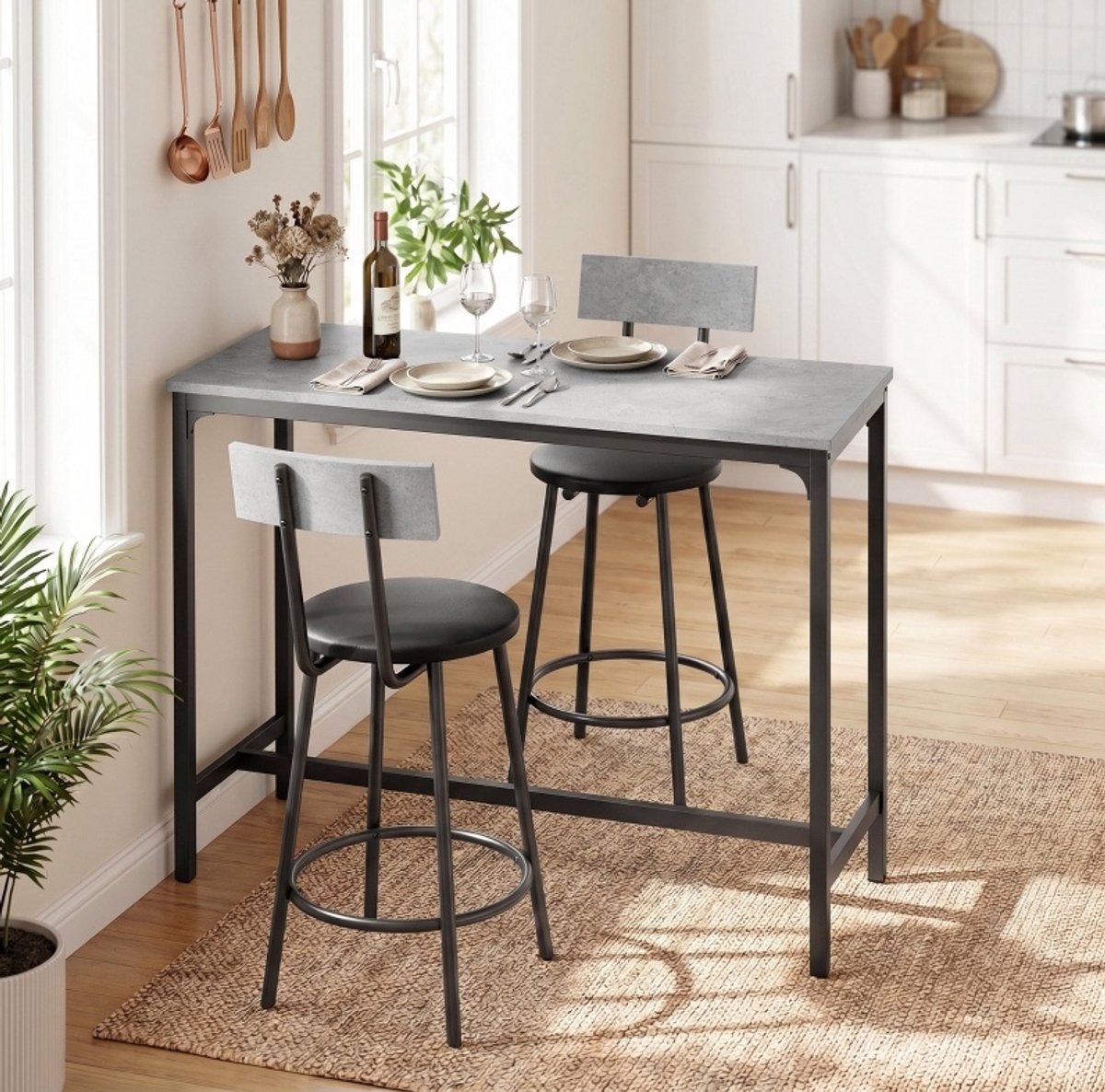 MIVRAY Bartafelset 100 x 40 x 90,5 cm - Met 2 Gestoffeerde Barkrukken en Voetsteunen - Voor Keuken en Kleine Ruimte - Hout Metaal Grijs