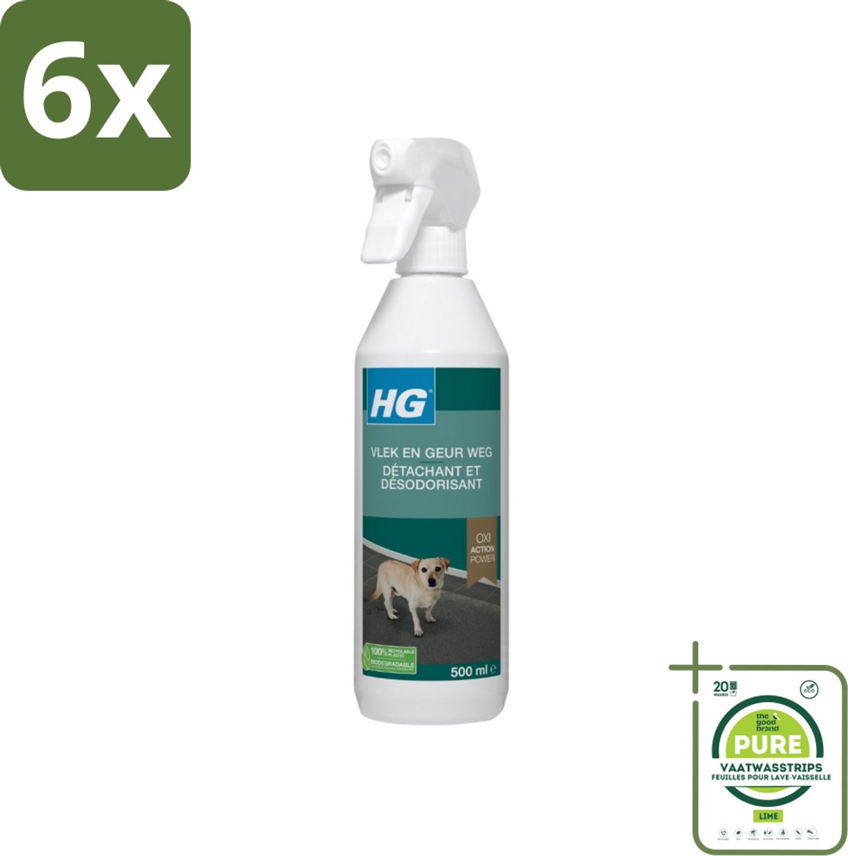 HG - Vlek & Geur Weg Spray - Hond - Oxi Action Power - Hardnekkige Werking - 500 ml - Voordeelverpakking - 6 stuks - Honden vlekken - Hondengeur