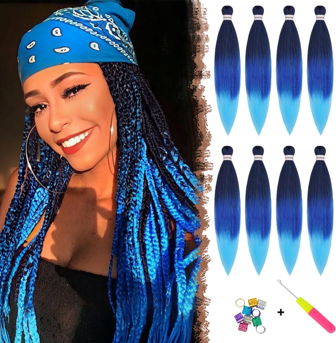 Pre-stretched vlecht haar extensions 66cm - 8 stuks synthetisch haar voor vlechten, Yaki textuur, zwart/blauw/lichtblauw