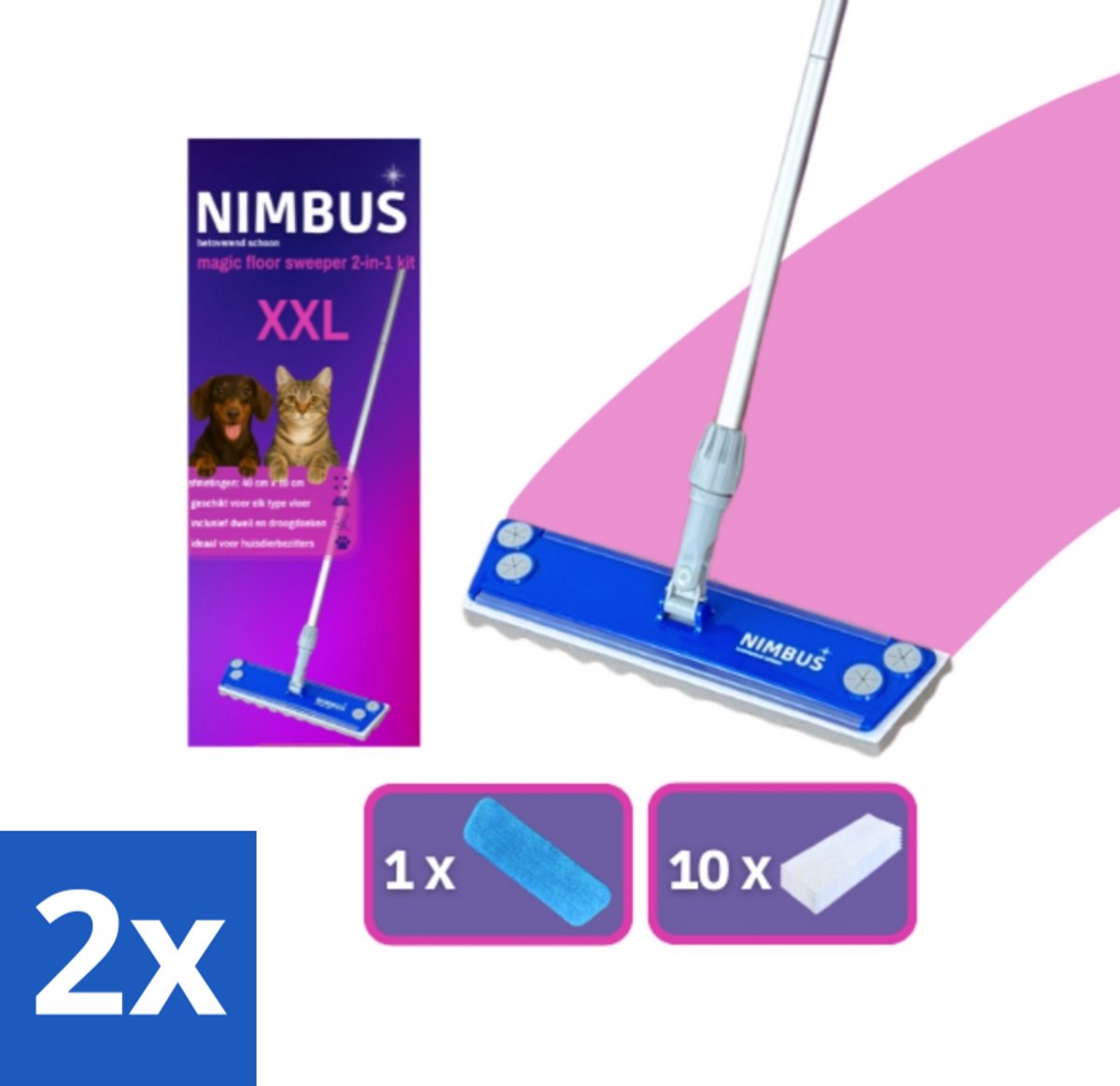 NIMBUS Magic Floor Sweeper XXL 2-in-1 Kit 1 Dweil + 10 Droge Vloerdoekjes 1 set - Voordeelverpakking - 2 stuks