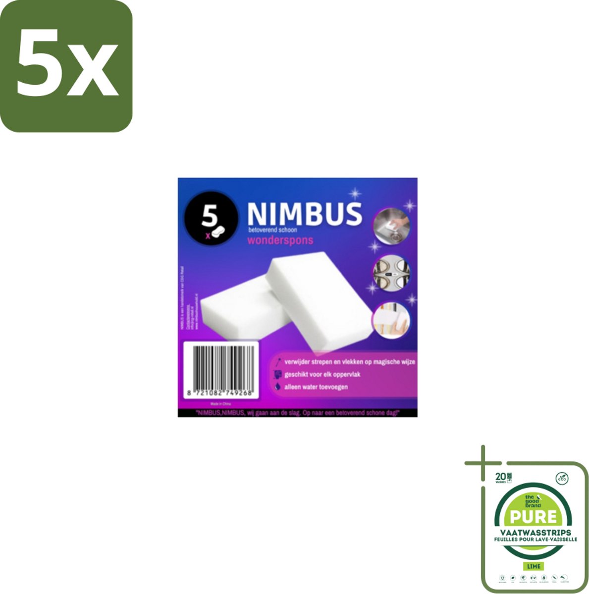5 x NIMBUS – Wonderspons – Melamine Spons – Voordeelverpakking - Grootverpakking - Schoonmaak - Reiniging - Spons - Melamine Spons - Vuil Verwijderen