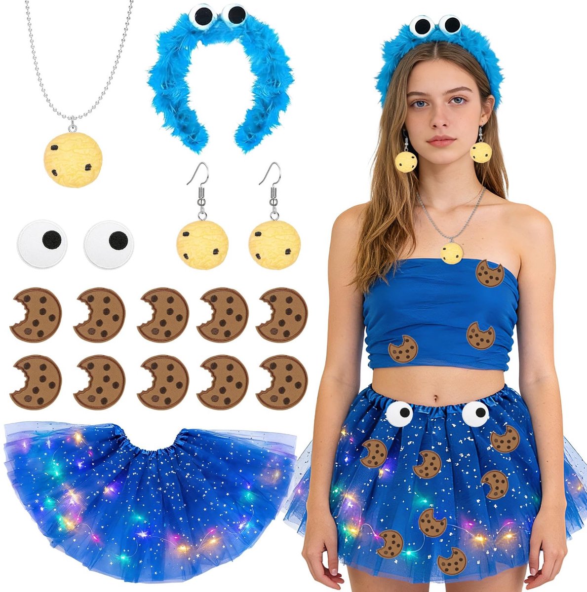 Elzusha - Cookie Monster Kostuum voor Dames - Inclusief LED Rok en Accessoires