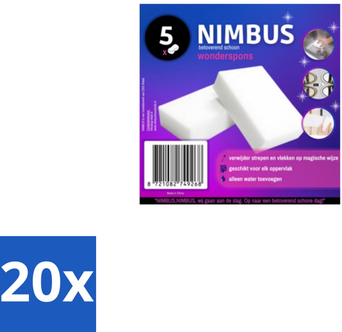20 x NIMBUS – Wonderspons – Melamine Spons – Voordeelverpakking - Schoonmaak - Reiniging - Spons - Melamine Spons - Vuil Verwijderen