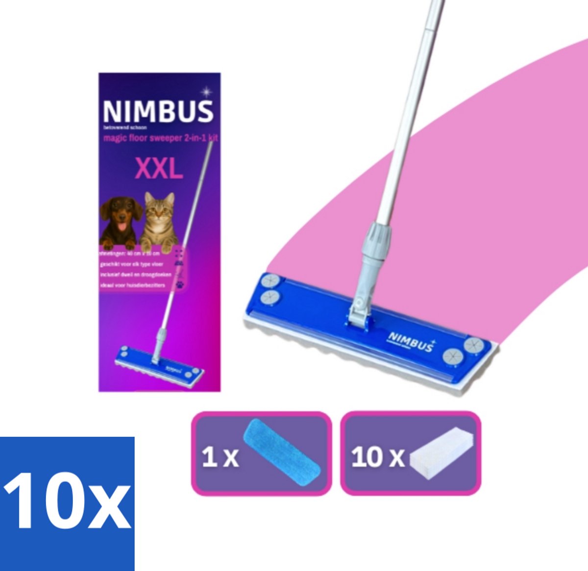 NIMBUS Magic Floor Sweeper XXL 2-in-1 Kit 1 Dweil + 10 Droge Vloerdoekjes 1 set - Bulkverpakking - 10 stuks