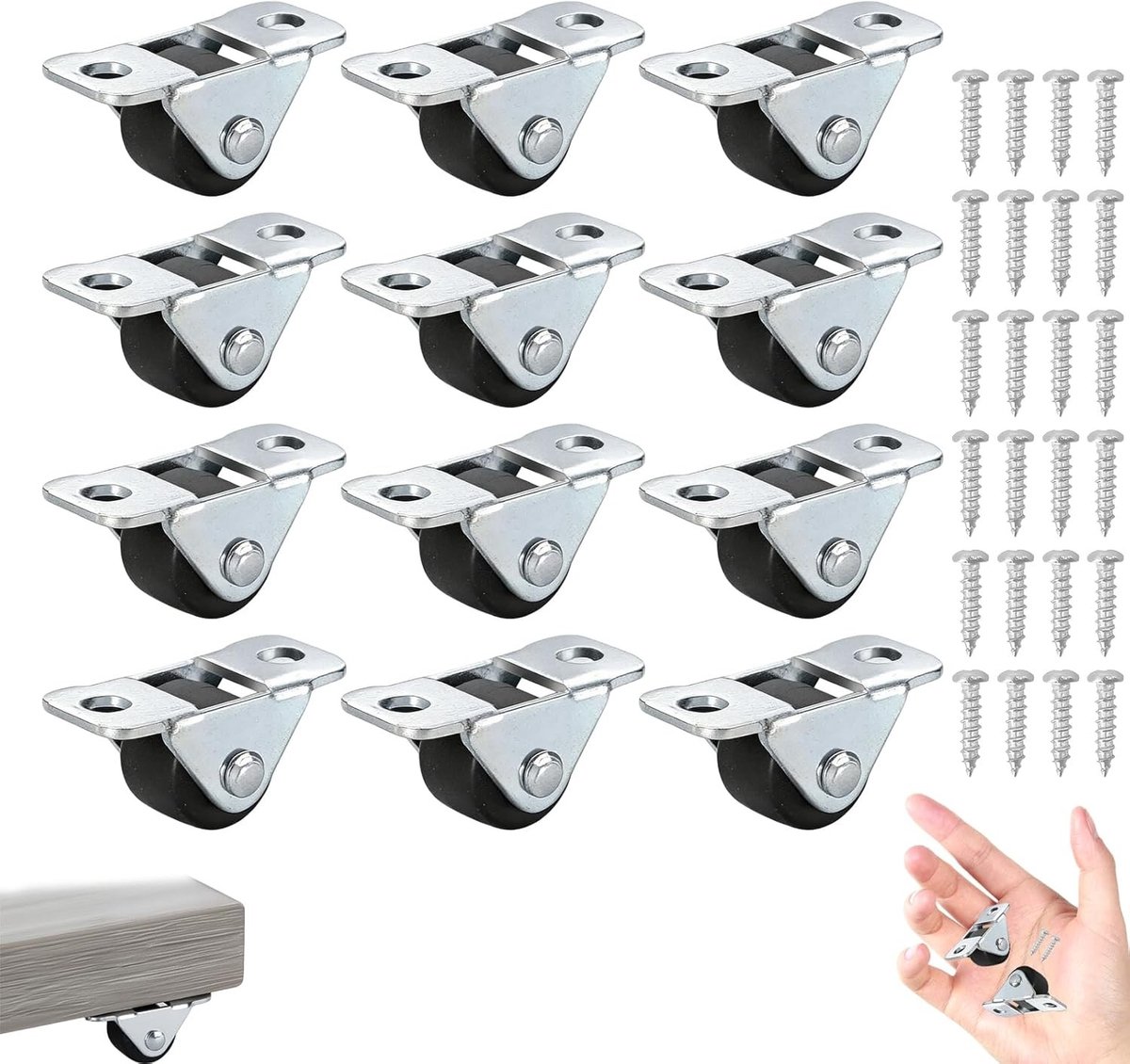 Mini Steerwielen 1.2cm met Stalen Topplaat - Set van 12 Kleine Rubber Wielen voor Meubels, Opslagdozen en Doe-Het-Zelf Projecten