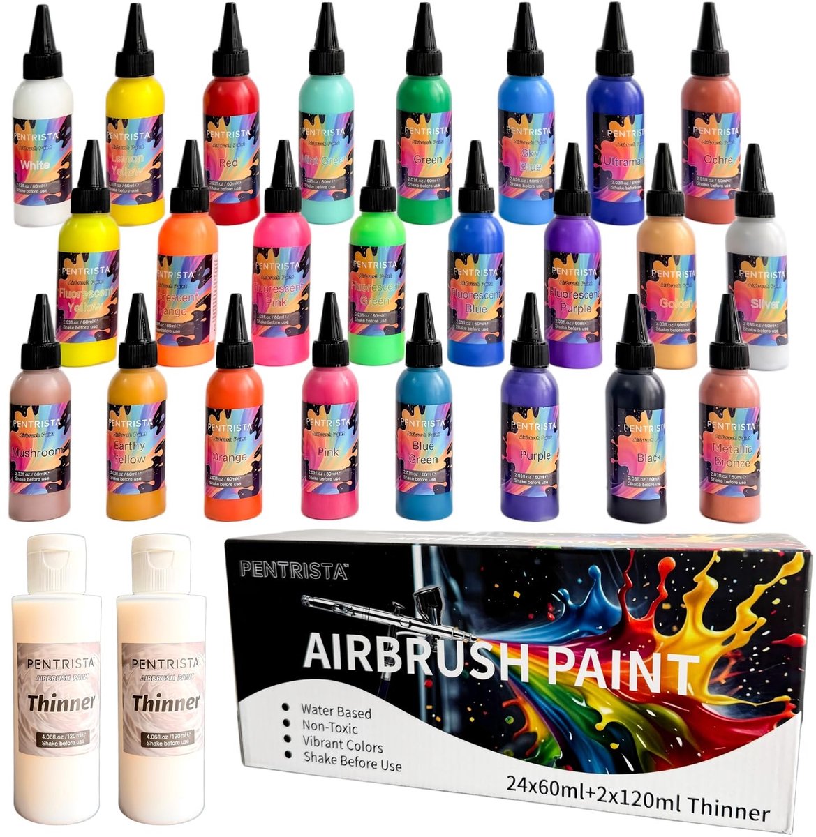 Elzusha - Airbrush Verf Set met 24 Kleuren en Verdunner