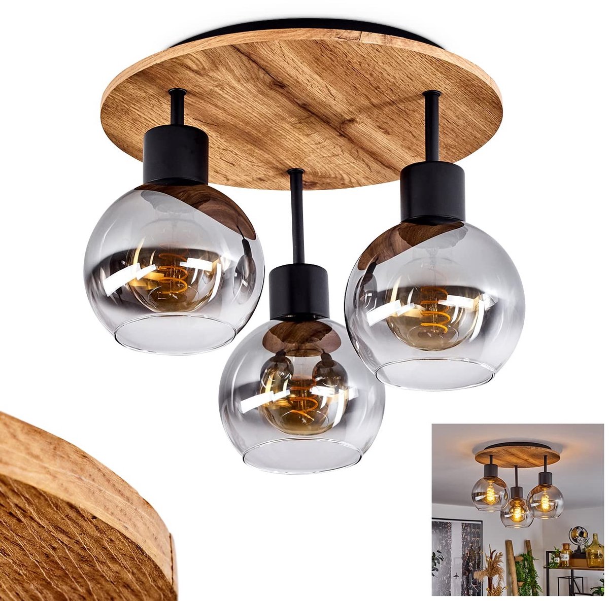 Elzusha - Moderne Plafondlamp met 3 E27 Fittingen in Zwart en Houtlook