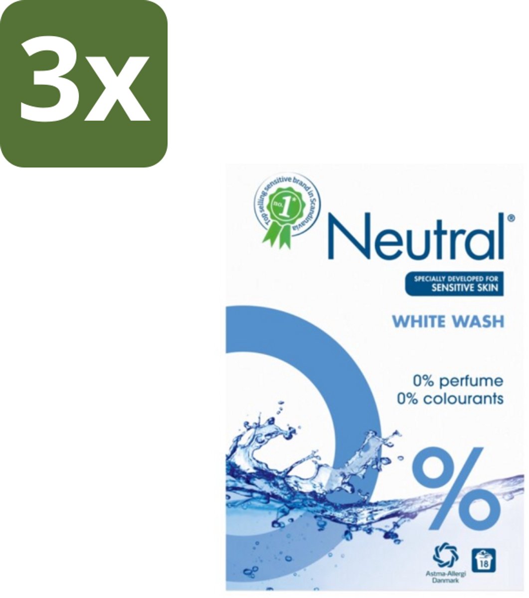 3 x Neutral Waspoeder Wit 18 Wasbeurten 1,187 kg - Waspoeder - Waspoeder Wit - Waspoeder Parfumvrij - Waspoeder Voor Gevoelige Huid - Waspoeder Zonder Parfum