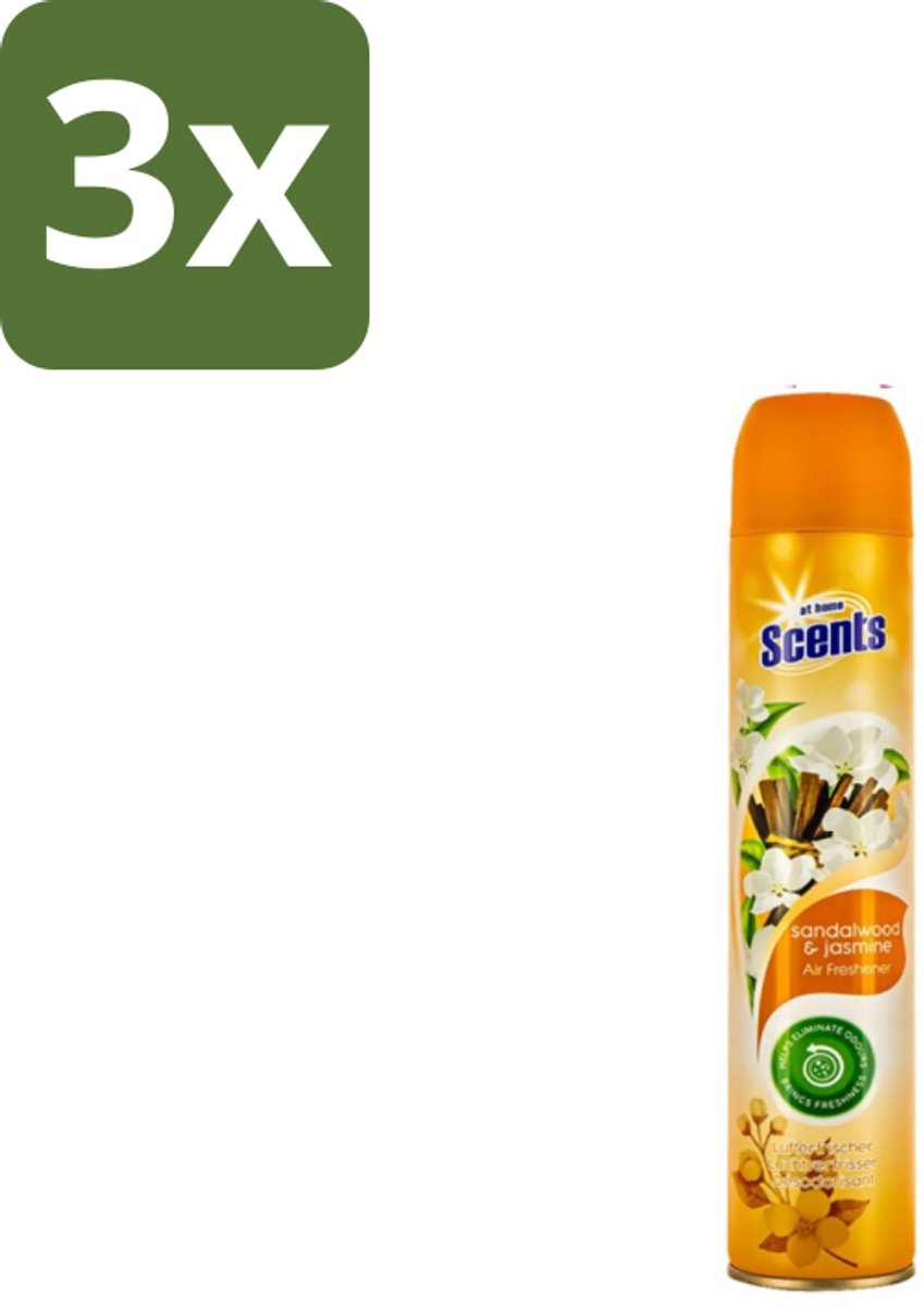 3 x At Home – Luchtverfrisser Spray – Sandalwood – Warm & Houtachtig - 400 ml - Luchtverfrisser - Sandalwood - Jasmijn - Geurneutralisatie - Warme Geur