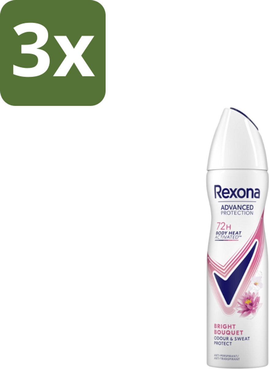 3 x Rexona – Deodorant Spray – Advanced Protection Bright Bouquet – 150 ml - Anti-transpirant Spray - Zweetvermindering - Lichaamsgeur - Frisse Geur - Body Heat Activated