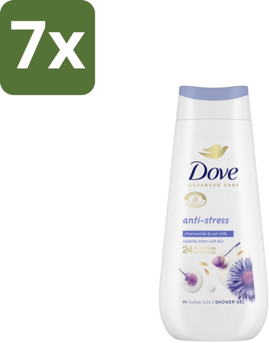 7 x Dove – Douchecrème – Anti-Stress – 225 ml - Douchecrème Anti-stress - Ontspannende Douche - Droge Huid Verzorging - Blauwe Kamille - Havermelk