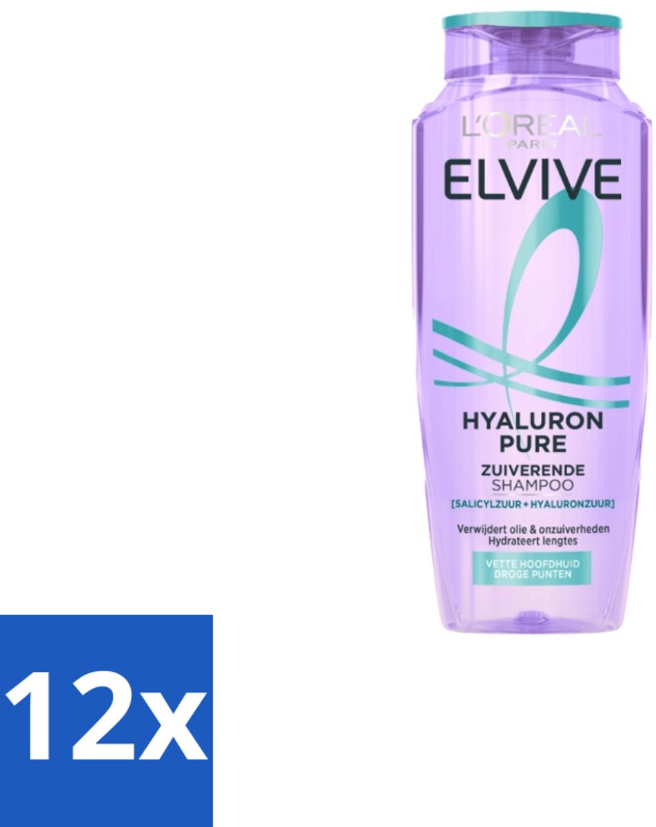 12 x L’Oréal Paris Elvive – Shampoo – Hyaluron Pure – Zuiverend – 250 ml - Zuiverende Shampoo - Hyaluronzuur Shampoo - Salicylzuur Shampoo - Vette Hoofdhuid Shampoo - Droge Punten Shampoo