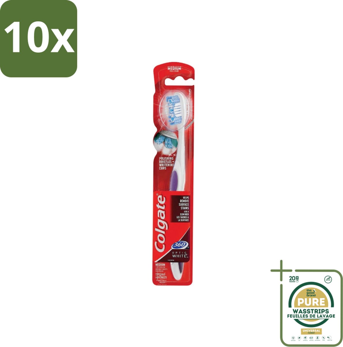 10 x Colgate - Tandenborstel - 360 Optic White Medium- Wit - 1 Tandenborstel - Grootverpakking - Tandenborstel - Tanden Reinigen - Mondverzorging - Wittere Tanden - 360° Reiniging