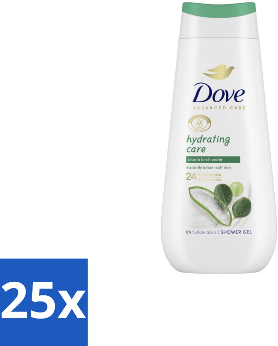 25 x Dove – Douchecrème – Hydrating Care – 225 ml - Douchecrème - Hydratatie - Droge Huid - Aloë Vera - Berkenwater