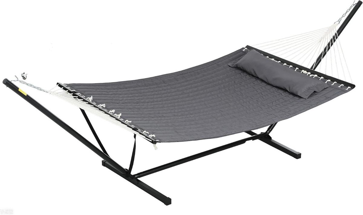 Hangmat met standaard - Lounge bed - Ontspannen buiten - Inclusief kussen - 368 cm lang - Donkergrijs
