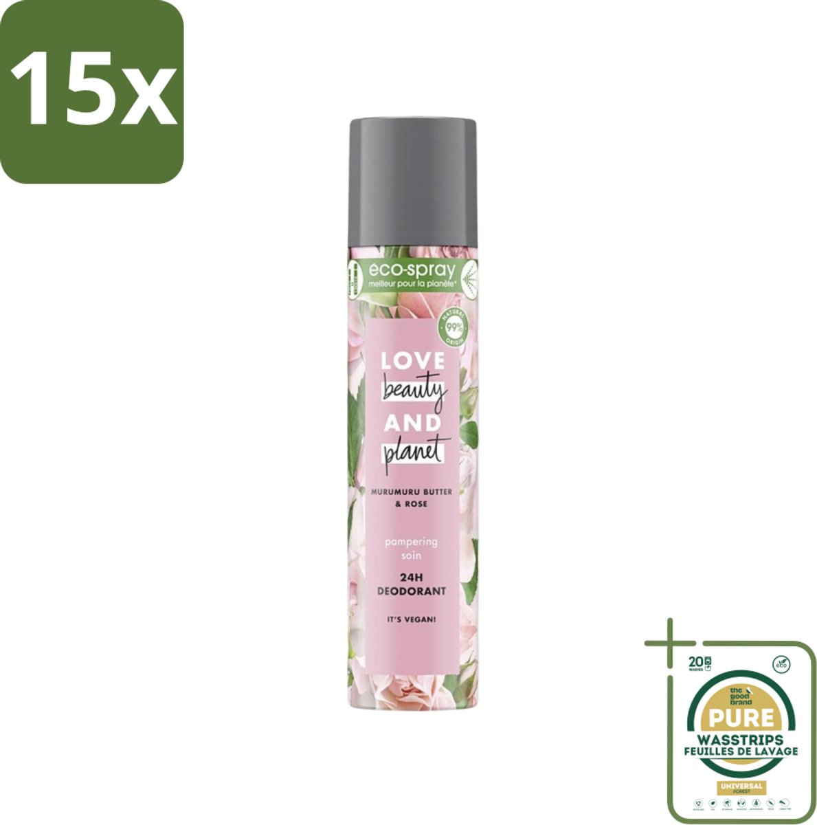 15 x Love Beauty and Planet - Deospray - Murumuru Butter & Rose - 75 ml - Grootverpakking - Deospray - Murumuru Butter - Roze Geur - Vegan Deodorant - Natuurlijke Deodorant