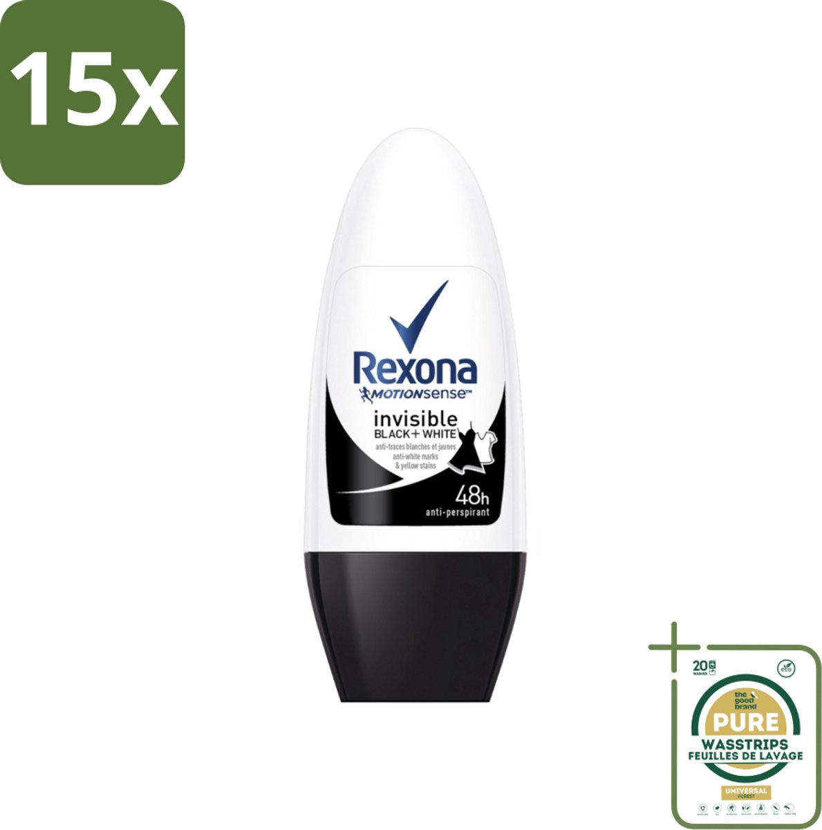15 x Rexona - Invisible Black & White - Deo Roller - Anti-transpirant - 50 ml - Grootverpakking - Deodorant - Anti-transpirant - Vlekkenvoorkomend - 48 Uur Bescherming - Roll-on Deodorant