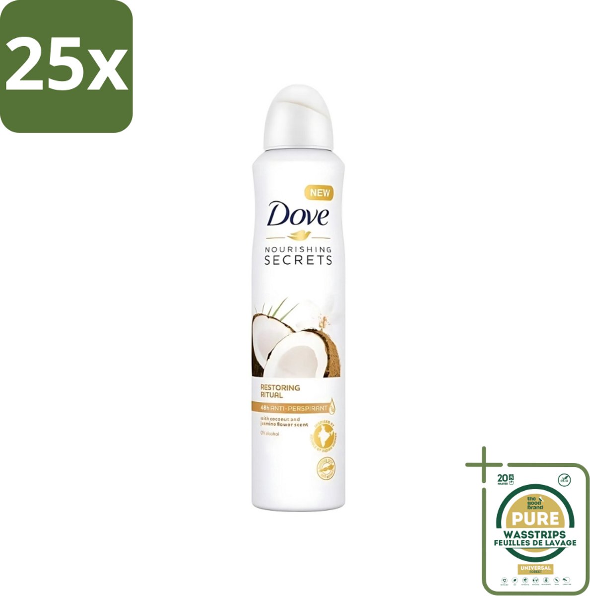 25 x Dove - Deodorant - Coconut & Jasmine Flower - Tropisch en verzorgend - 250 ml - Grootverpakking - Dove Deodorant - Kokos En Jasmijn - Anti-transpirant Spray - Verzorgende Deodorant - Geur Van Kokos En Jasmijn
