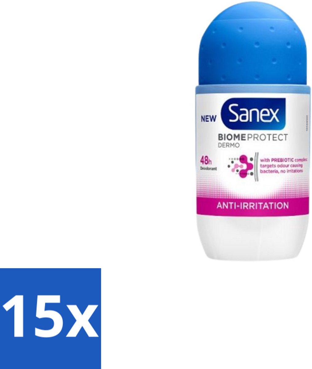 15 x Sanex – Deo Roll-on – BiomeProtect Dermo Anti-Irritation – 50 ml - Gevoelige Huid - Anti-irritatie - Huidmicrobioom - Deodorant Roller - Alcoholvrije Deodorant